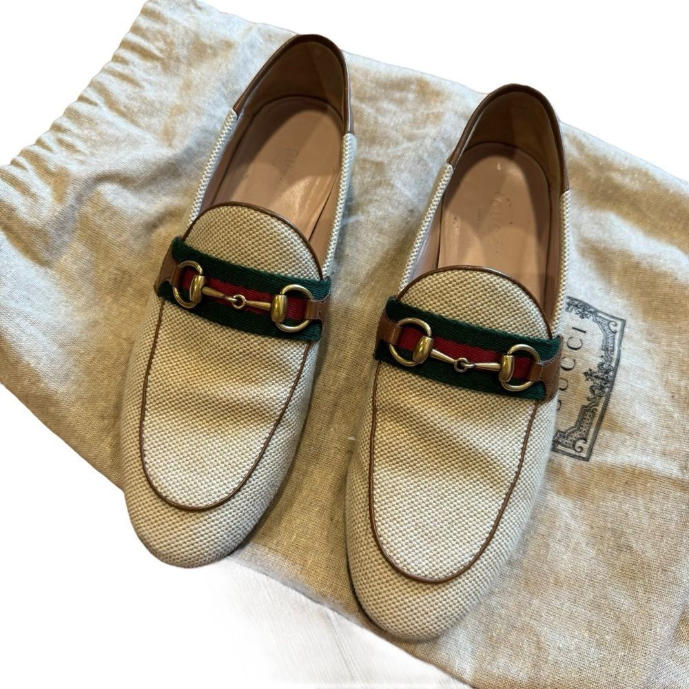 Gucci Beige Brown Canvas and Leather Horsebit Brixton Charlotte Loafers Size 35 - Picture 5 of 13